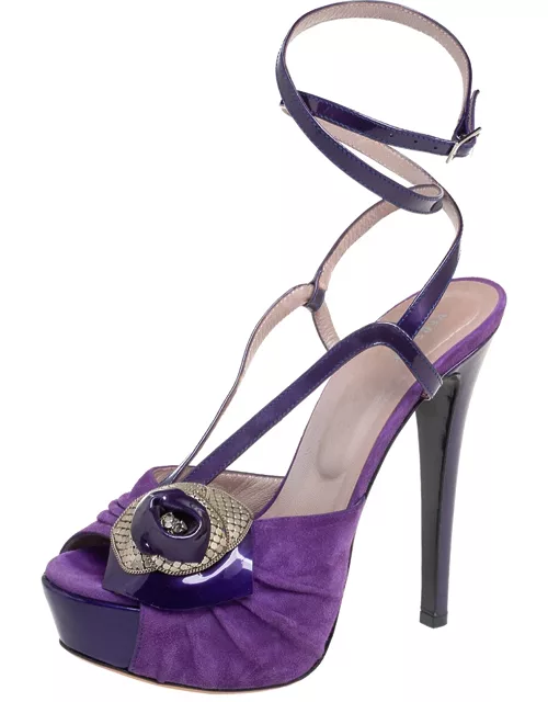 Versace Purple Suede And Patent Leather Platform Ankle Strap Sandal