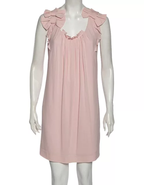 Valentino Pink Chiffon Bow Applique Pleated Yolk Detailed Shift Dress