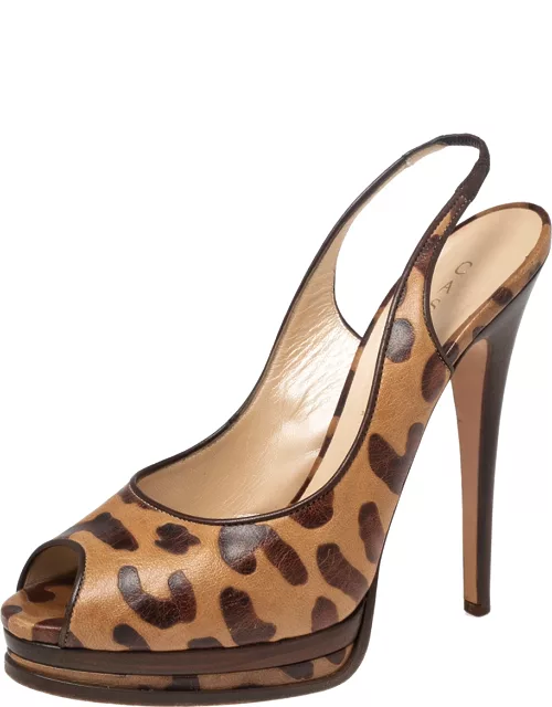 Casadei Brown/Beige Leopard Print Leather Peep Toe Platform Slingback Sandal