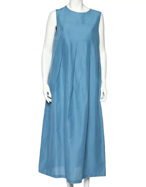 'S Max Mara Blue Cotton Pleated Detail Sleeveless Tulia Maxi Dress