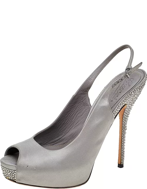 Gucci Grey Satin Peep Toe Platform Crystal Embellished Slingback Sandal