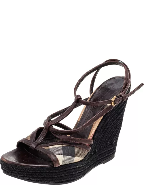 Burberry Brown Canvas And Leather Wedge Sandal