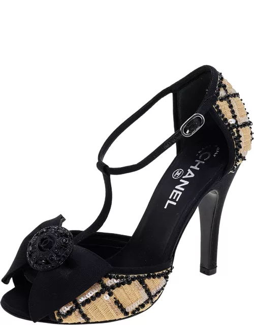 Chanel Beige/Black Mesh And Fabric Ankle Strap Sandal