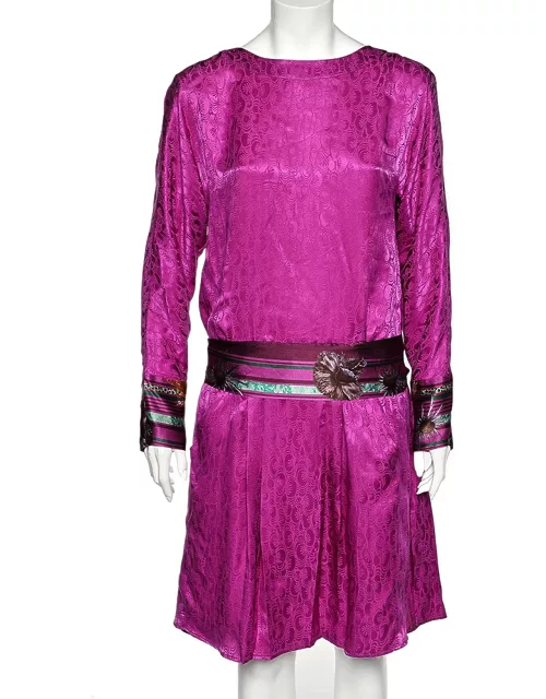 Class by Roberto Cavalli Purple Silk Contrast Waist Tie Detail Dress