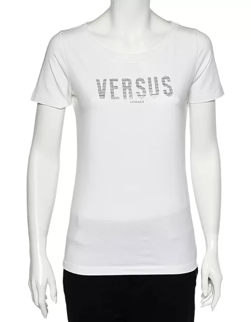 Versus Versace White Logo Embellished Cotton Knit T-Shirt