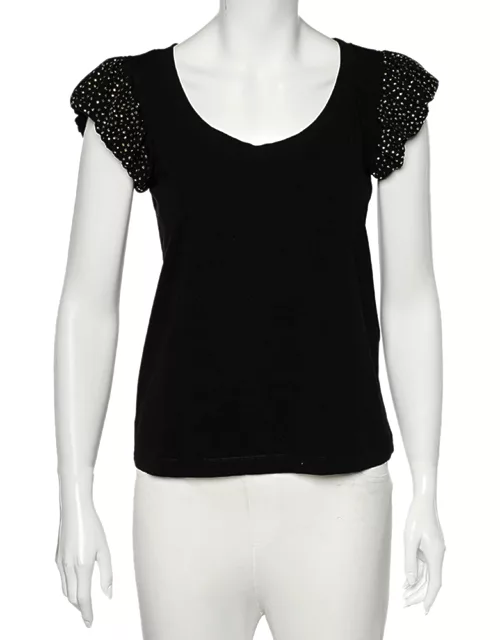 Love Moschino Black Cotton Knit Embellished Puff Sleeve T-Shirt