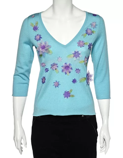 Moschino Cheap and Chic Blue Wool Floral Applique V-Neck Sweater