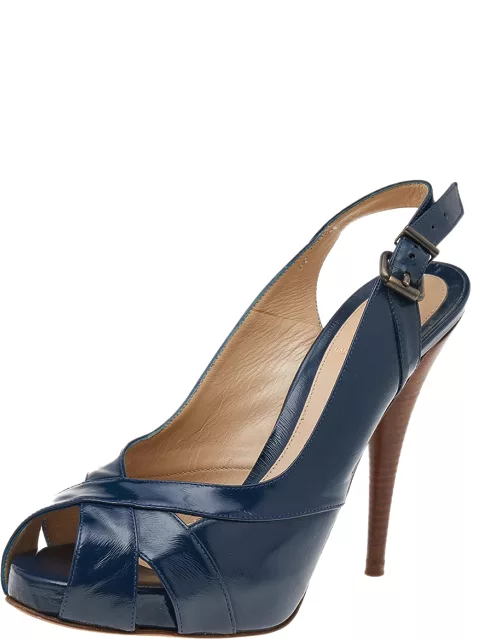 Fendi Blue Patent Leather Peep Toe Slingback Sandal