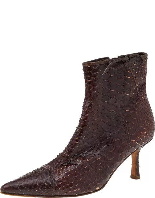 Chanel Dark Brown Python Leather Pointed Toe Ankle Length Boot