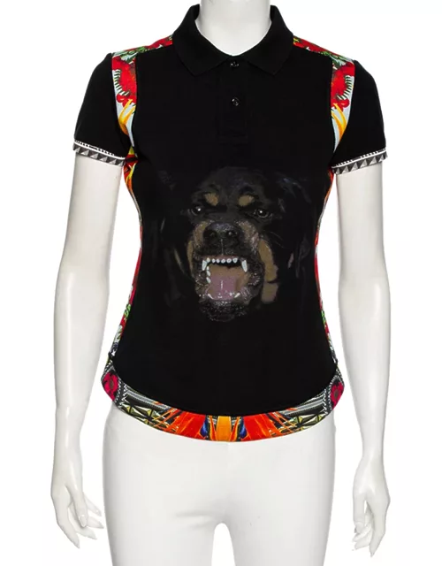 Givenchy Black Rottweiler Printed Cotton Pique Contrast Trimmed Polo T-Shirt