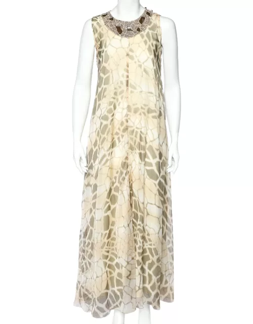 Class by Roberto Cavalli Beige Printed Silk Chiffon Embellished Neck Detail Sleeveless Dress