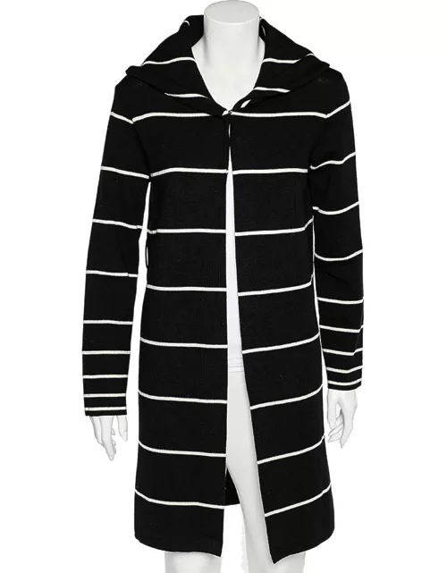 Love Moschino Black Striped Wool Hooded Mid Length Overcoat