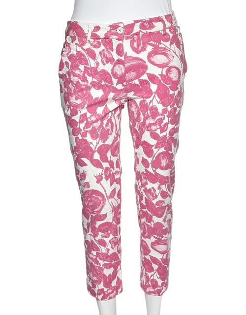 Dolce & Gabbana Pink Floral Printed Textured Cotton Tapered Leg Pants