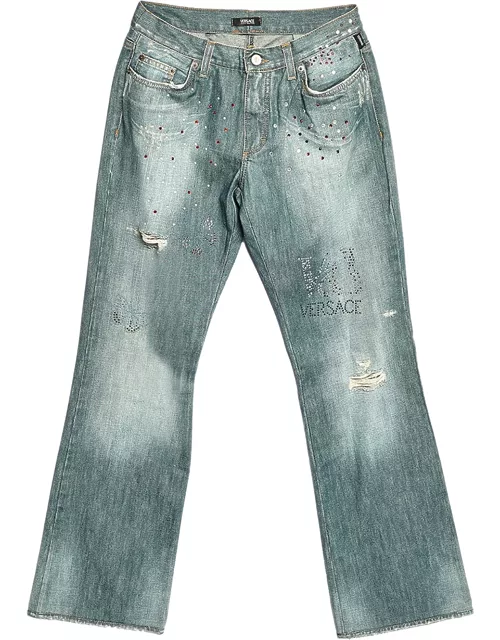 Versace Jeans Couture Blue Embellished Denim Flared Leg Distressed Jeans
