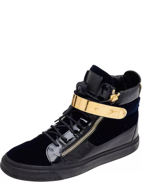 Giuseppe Zanotti Navy Blue/Black Velvet and Leather Coby High Top Sneaker