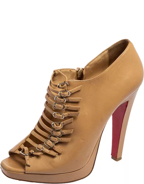 Christian Louboutin Beige Leather Manon Buckle Detail Open Toe Ankle Boot