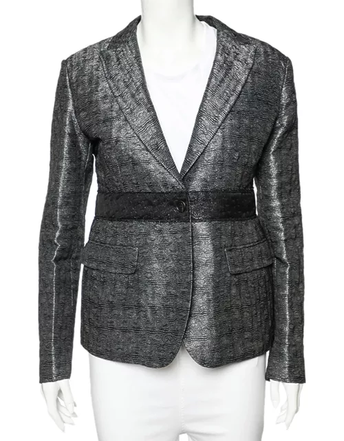 Miu Miu Charcoal Grey Patterned Lurex Silk Button Front Blazer