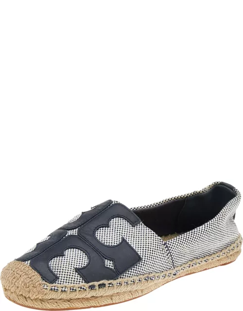Tory Burch Black/White Canvas And Leather Logo Lonnie Espadrilles Flat