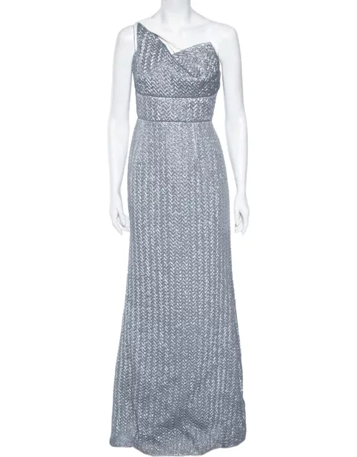 Roland Mouret Silver Silk Knit One- Shoulder Maxi Dress