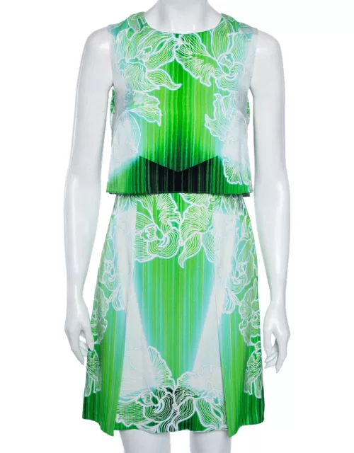 Peter Pilotto Green Orchid Printed Stretch Silk Overlay Detailed Dress