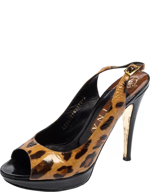 Gina Brown/Black Leopard Print Patent Leather Peep Toe Platform Slingback Sandal