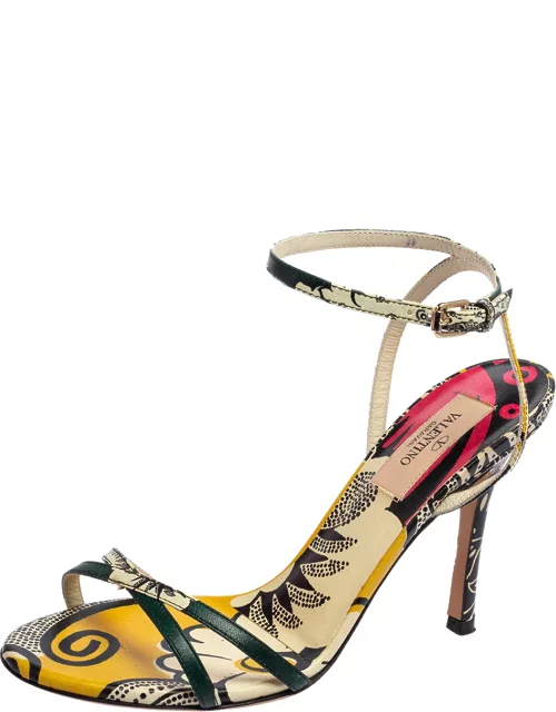 Valentino Multicolor Printed Leather Criss-Cross Ankle-Strap Sandal