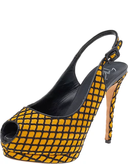 Giuseppe Zanotti Yellow/Black Suede And Fabric Platform Peep Toe Slingback Sandal