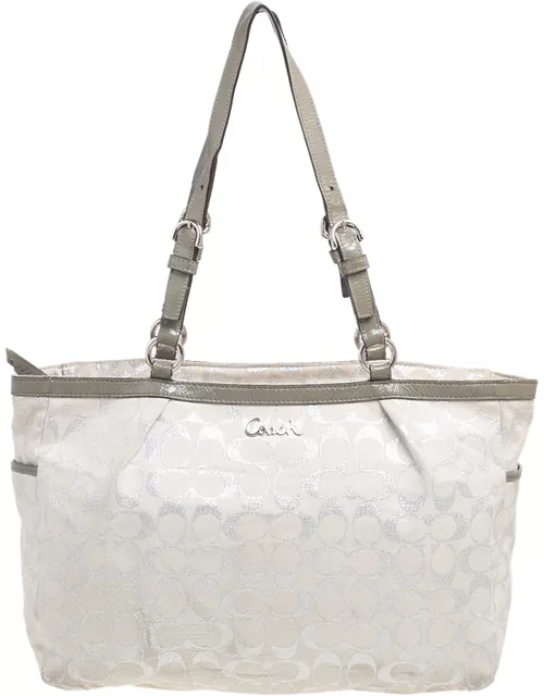 Coach Metallic Grey/Silver Signature Canvas and Patent Leather Tote
