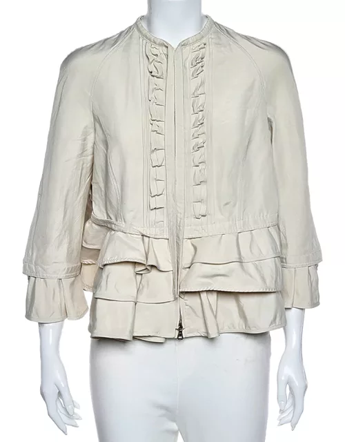 Valentino Cream Ruffled Cotton Zip Front Jacket