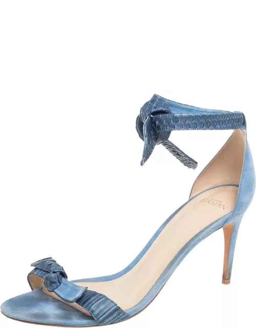 Alexandre Birman Blue Snakeskin Leather and Suede Clarita Ankle-Tie Sandal