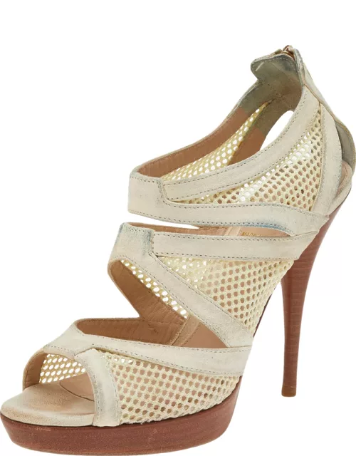 Fendi Off-White Suede And Mesh Cage Open-Toe Platform Sandal