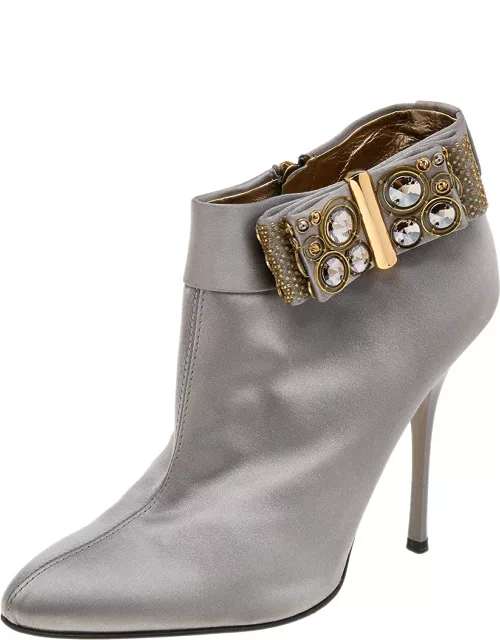 Roberto Cavalli Grey Satin Bow Embellished Ankle Length Boot