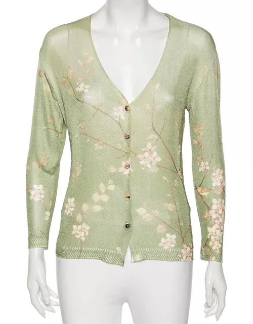 Roberto Cavalli Green Floral Printed Knit Button Front Cardigan