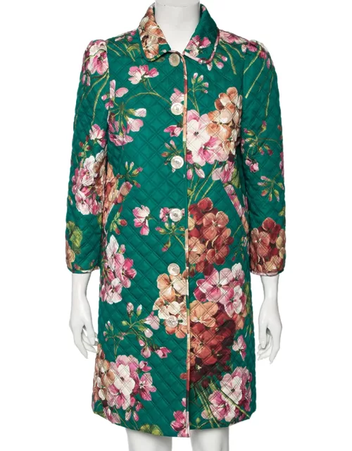 Gucci Green Floral Printed Quilted Cotton Button Front Coat