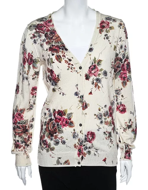 D & G Cream Floral Printed Wool Button Front Cardigan