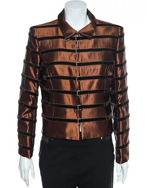 Salvatore Ferragamo Brown Wool Velvet Trim Detail Hook Front Jacket