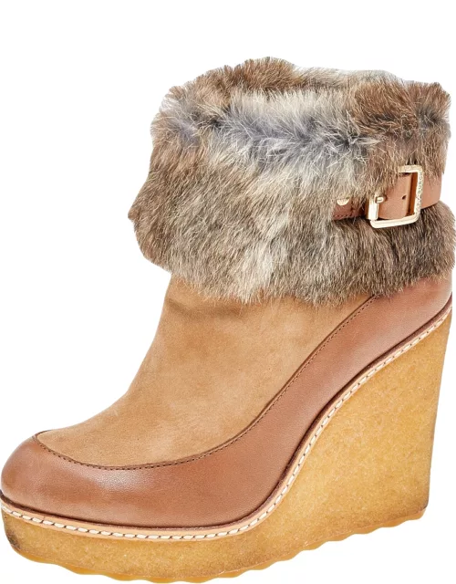 Tory Burch Tan Leather Suede And Fur Wedge Ankle Boot