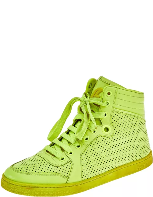Gucci Neon Green Perforated Leather Lace Up High Top Sneaker
