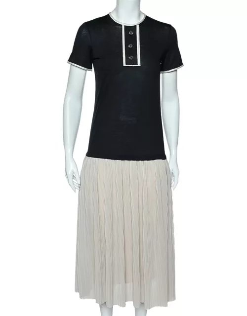 CH Carolina Herrera Black & Beige Cotton & Silk Plisse Detail Midi Dress