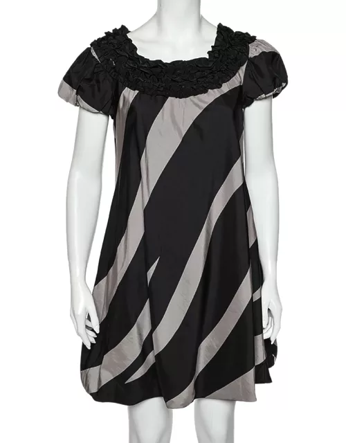 Moschino Cheap and Chic Monochrome Striped Silk Ruffled Neck Detail Mini Dress