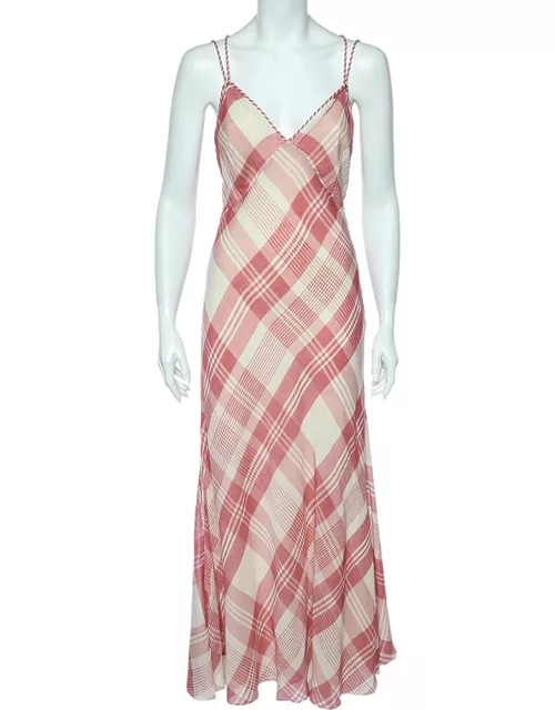 Polo Ralph Lauren Pink Checkered Twill Cross Back Detail Maxi Dress