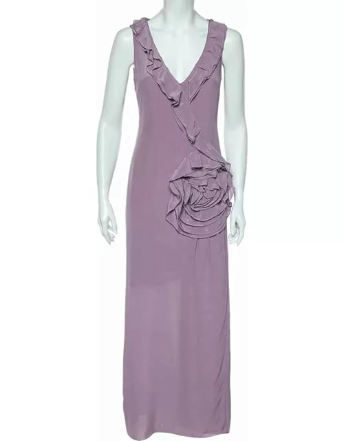 Moschino Cheap & Chic Lilac Silk Chiffon Rose Floral Draped Slit Detail Maxi Dress