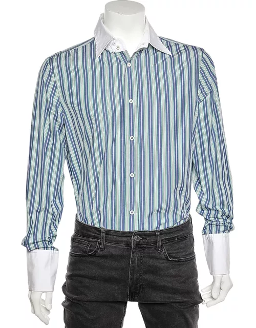 Dsquared2 Blue Striped Cotton Contrast Collar Button Front Shirt