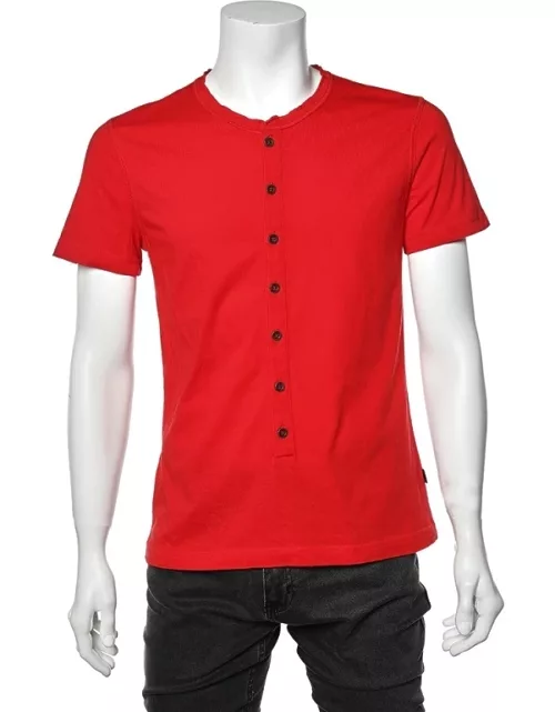 Just Cavalli Red Cotton Knit Logo Embroidered Button Front T-Shirt