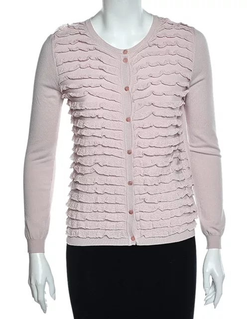 RED Valentino Pink Knit Ruffle Trimmed Button Front Fitted Cardigan