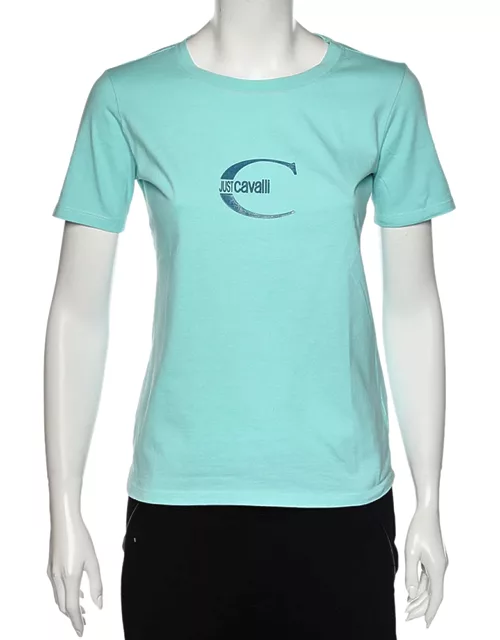 Just Cavalli Blue Logo Printed Cotton Short Sleeve T-Shirt