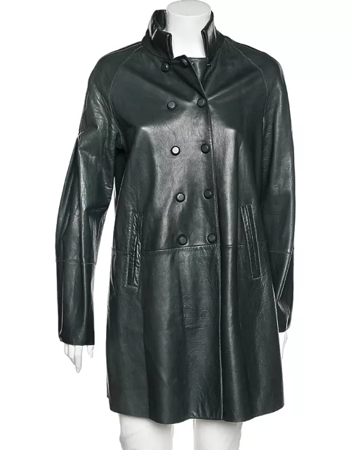 Emporio Armani Dark Green Leather Button Front Mid Length Coat