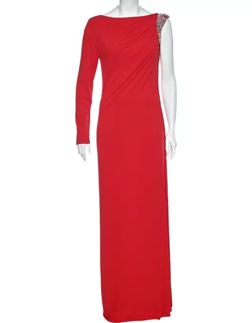 Class by Roberto Cavalli Coral Red Jersey Draped Detail Maxi Dress