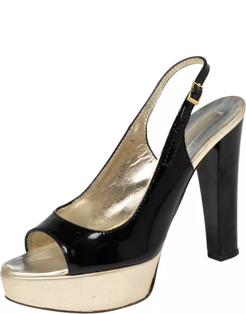 Roberto Cavalli Black-Gold Patent Leather And Leather Slingback Sandal
