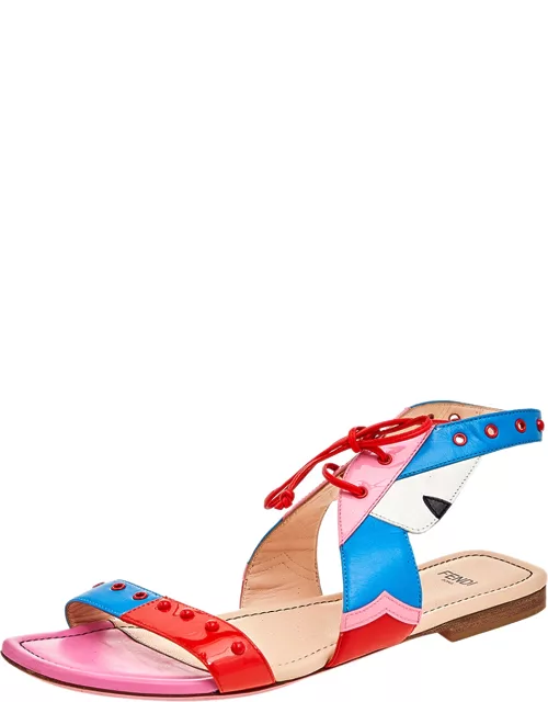 Fendi Multicolor Leather And Patent Leather Ankle Cuff Flat Sandal